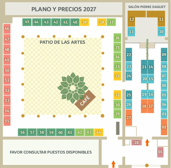 Plano de Feria Origen Colombia enero 2027: stands numerados en el Patio de las Artes y el Salón Pierre Daguet
